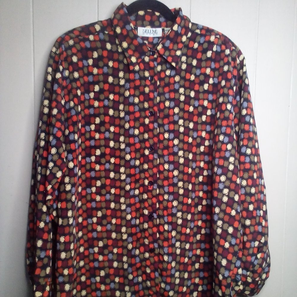 Selene Sport Blouse XL Button Up Long Sleeve Circles Colorful